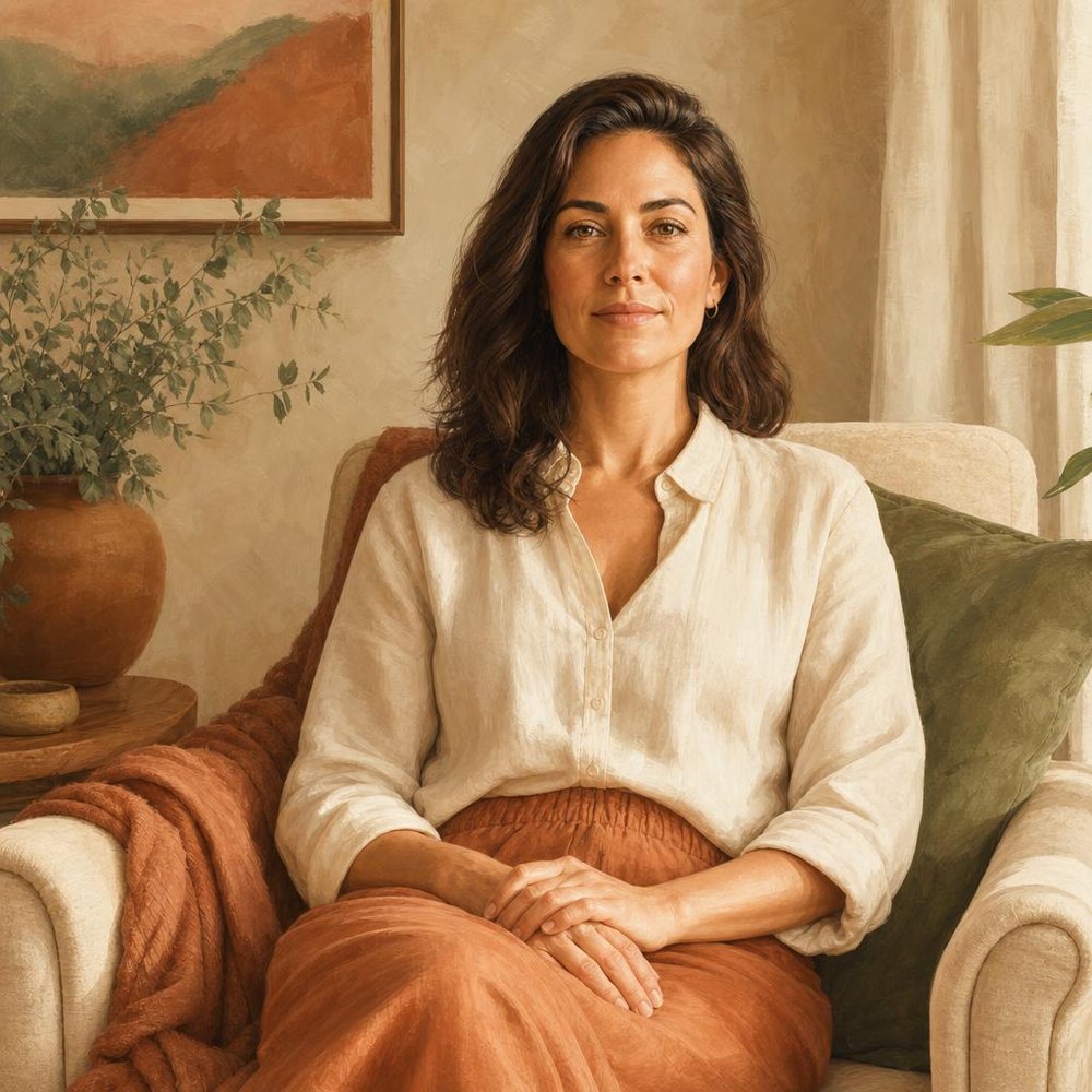 Femme sereine et posée, au regard clair, qui a repris confiance